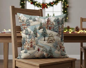 May include: A decorative pillow featuring a winter village scene with snow-covered houses, evergreen trees, and a winding river. The pillow has a light blue background and is placed on a wooden chair. The pillow is a festive home decor item.