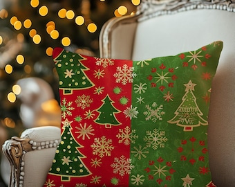 Red and Green Patchwork Christmas Pillow Cover – Snowflakes & Trees Festive Cushion