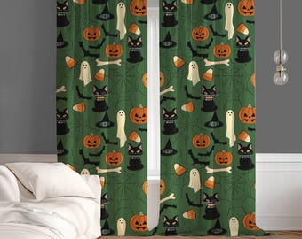 Spooky Halloween Curtains: Black Cats, Pumpkins & Ghosts - Kids Room Decor