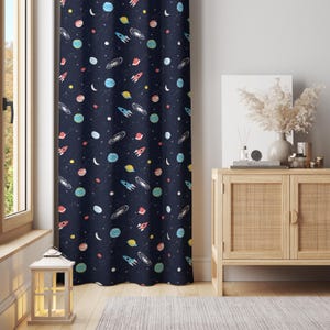 Space Rocket Curtain – Galaxy Planet Pattern Drapes, Navy Blue And Red Kids Room Drapery