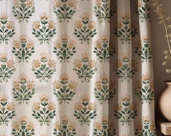 Sage Green Floral Linen Curtain, Botanical Cottagecore Print Drapes, Custom Window Panel