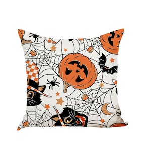 Halloween Pumpkin Pillow Cover - Black Cat, Spider Web and Bat Print Spooky Throw Cushion