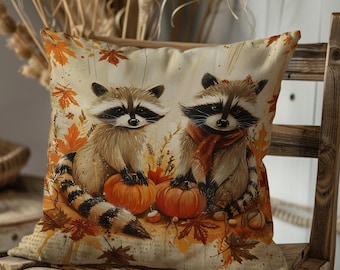 Raccoon Pillow Cover: Autumn Woodland Throw Pillow with Pumpkins