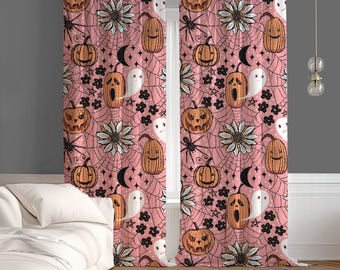 Pink Halloween Curtains, Spooky Ghosts, Pumpkins & Flowers