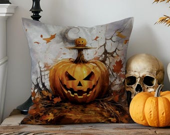 Può includere: Un cuscino decorativo a tema Halloween con una zucca arancione intagliata con un volto minaccioso. Lo sfondo è in stile acquerello con una luna, foglie e rami. Una piccola zucca è in cima. Sono presenti anche un teschio e una piccola zucca.