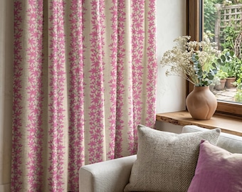 Roze bloemen linnen gordijn, verticale bloemstreep gordijnen, botanisch raampaneel, aangepast formaat boho gordijn, decor cottage boerderij