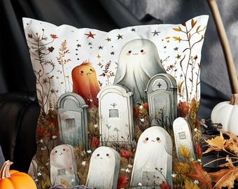 Jolie taie d'oreiller cimetière fantôme – Déco automne effrayante