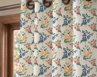 Panel de cortina de lino con estampado floral colorido, cortinas botánicas para ventanas estilo casa de campo, cortinas estilo boho rústico.