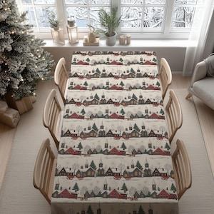 Winter Village Tablecloth – Red Cottage and Snow Scene Holiday Tablecloth with Rustic Christmas Charm