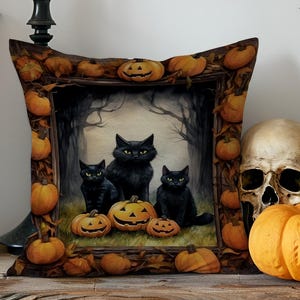 Gothic Black Cat Halloween Pillow Cover – Haunted Pumpkin Frame Cushion for Spooky Fall Decor