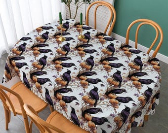 Halloween Crow Tablecloth – Gothic Ravens with Pumpkins & Autumn Branches for Spooky Fall Dining