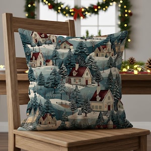 Rustic Christmas Village Pillow Cover: Snowy Cottage Farmhouse Decor