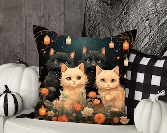 Federa per cuscino di Halloween con gatto spettrale: decorazione nera, bianca e arancione