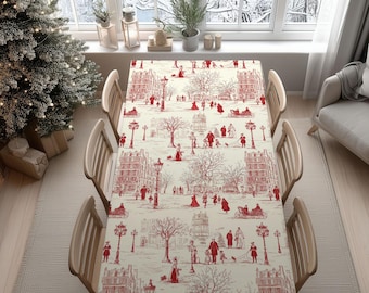 Vintage Toile Christmas Tablecloth: Red Winter Town Scene