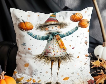 Whimsical Scarecrow Pillow Cover: Fall Farmhouse Pumpkin Decor