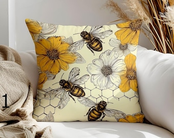 Funda de almohada con estampado floral y de abejas, cojín decorativo con diseño botánico de insectos.