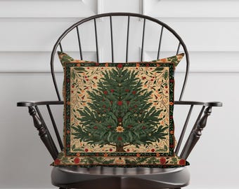 Federa per cuscino albero di Natale William Morris – Cuscino vintage botanico per le vacanze con sfondo beige