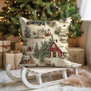 Christmas Village Pillow Cover: Red House Winter Scene Cushion, Rustic Holiday Farmhouse Decor