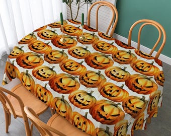 Halloween Pumpkin Tablecloth – Bright Orange Jack O’Lantern Pattern for Festive Fall Dining