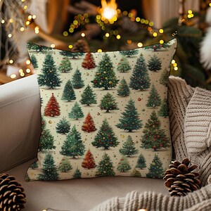 May include: A decorative throw pillow featuring a repeating pattern of Christmas trees in various shades of green and red, adorned with ornaments. The trees are set against a cream-colored background, creating a festive holiday theme.