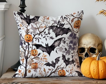 Halloween Bat and Pumpkin Pillow Cover - Gothic Haunted Forest Cushion with Spooky Fall Decor