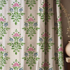 Green Floral Linen Curtain, Block Print Style Print Drapes, Custom Window Panel