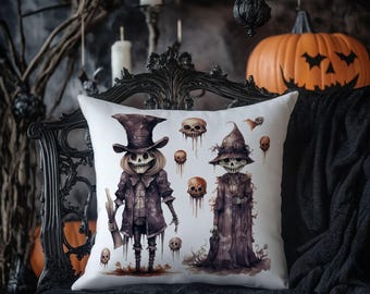 May include: White square throw pillow featuring watercolor illustrations of two skeletal figures in top hats and coats, surrounded by floating skulls. The pillow is placed on a black ornate chair, with a carved pumpkin in the background, perfect for Halloween decor.