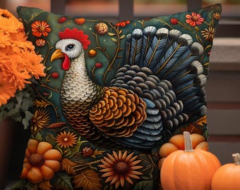 May include: Decorative square pillow featuring a detailed illustration of a turkey with a red wattle and comb, set against a dark green background with floral and autumnal elements. The pillow is surrounded by orange pumpkins and flowers.