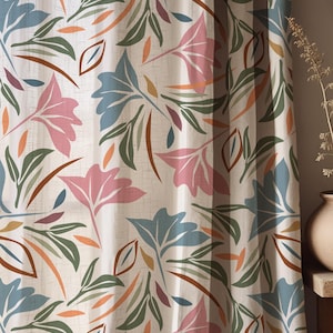 Boho Botanical Linen Curtain, Colorful Leaf Print Drapes, Custom Size Window Panel, Farmhouse Living Room Curtain, Modern Floral Curtain
