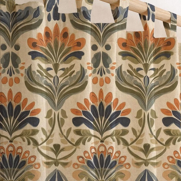 Art nouveau bloemen linnen gordijn, blauwgroen roestoranje print gordijnen, aangepast raampaneel