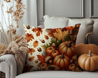Op de afbeelding: Vierkant decoratief kussen met een herfstthema. Het kussen heeft een print van pompoenen, eikels en herfstbladeren in tinten oranje, bruin en groen. Het kussen ligt op een grijze bank met twee oranje pompoenen.