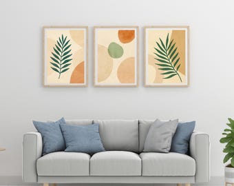 Juego de 3 piezas de arte mural botánico bohemio en tonos tierra neutros y minimalistas