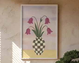 Pink Tulip Vase Art Print, Abstract Floral Botanical Poster, Berry Eclectic Decor