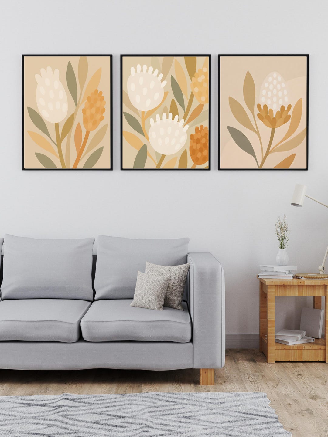 Abstract Botanical Wall Art Set of 3 Neutral Floral Prints Modern Boho ...
