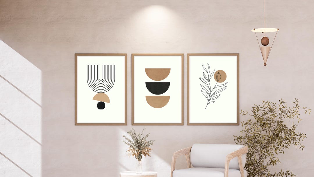 Mid Century Modern Boho Wall Art Set of 3, Neutral Geometric & Abstract ...