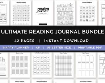 May include: A collection of printable reading journal pages in black and white. The pages include trackers, challenges, and prompts. The title "ULTIMATE READING JOURNAL BUNDLE" is displayed prominently. Includes 42 pages, instant download, Happy Planner, A5, US Letter Size, and Printable PDF.