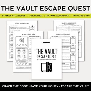 Könnte beinhalten: Eine Sammlung druckbarer PDF-Dokumente mit dem Titel "The Vault Escape Quest". Das Hauptdokument zeigt eine schwarz-weiße Illustration einer Tresortür. Der Text enthält "Spar-Challenge" und "Knacke den Code".