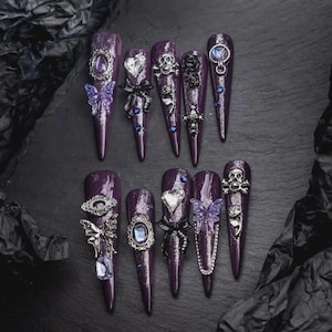 Purple Gothic Press On Nails, 3D Butterfly Skull Heart Design, Long Stiletto False Nails, Dark Glam Nail Art for Party & Cosplay