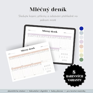 Puede incluir: Un planificador digital e impreso para bebés, ambos con el título "Mléčný deník". El planificador tiene un esquema de color rosa claro y blanco con un diseño de cuadrícula para el seguimiento. La imagen también muestra una paleta de colores con ocho variaciones.