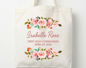 First Holy Communion Tote Bag, Personalized Floral Canvas Bag with Name & Date, Custom Religious Keepsake Gift