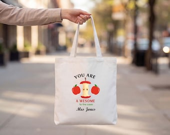 Personalized Canvas Tote Bag for Teacher, Custom Apple Appreciation Tote, Teacher Thank You Gift