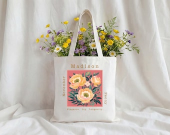 Personalized Birth Flower Tote Bag, Custom Name Floral Canvas Bag, Custom Birthday Gift Tote, Birth Month Flower Gift for Her, Mother Gift
