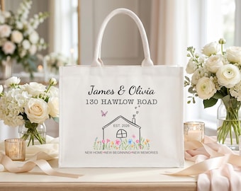 Personalisierte Einzugstasche, individuell gestaltete Stofftasche mit Adressaufdruck für Hausbesitzer, Einzugsgeschenk für Paare und Familien, Erinnerungsstück zum Umzug