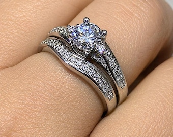 18K White Gold Plated CZ Bridal Ring Set, Engagement Ring, Wedding Band, Diamond Look