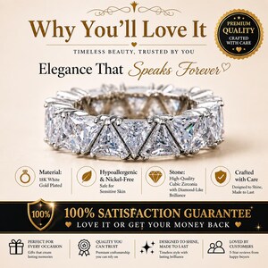 Puede incluir: Un anillo plateado con m&uacute;ltiples piedras de circonita c&uacute;bica transparente de corte cuadrado. El anillo est&aacute; engastado en una banda chapada en oro blanco. El texto de la imagen incluye "Why You'll Love It" y "100% Satisfaction Guarantee."