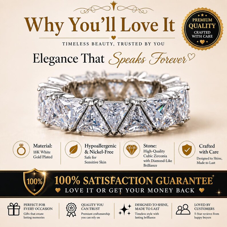 Puede incluir: Un anillo plateado con m&uacute;ltiples piedras de circonita c&uacute;bica transparente de corte cuadrado. El anillo est&aacute; engastado en una banda chapada en oro blanco. El texto de la imagen incluye "Why You'll Love It" y "100% Satisfaction Guarantee."