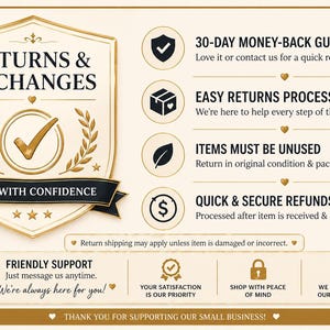 Puede incluir: Gr&aacute;fico color crema con texto sobre devoluciones y cambios. Incluye un escudo con una marca de verificaci&oacute;n, hojas de laurel y las palabras "Shop with Confidence". Texto adicional destaca una garant&iacute;a de devoluci&oacute;n de dinero, devoluciones f&aacute;ciles y reembolsos r&aacute;pidos.
