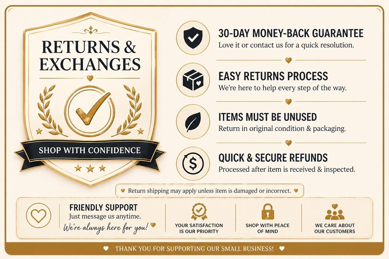 Puede incluir: Gr&aacute;fico color crema con texto sobre devoluciones y cambios. Incluye un escudo con una marca de verificaci&oacute;n, hojas de laurel y las palabras "Shop with Confidence". Texto adicional destaca una garant&iacute;a de devoluci&oacute;n de dinero, devoluciones f&aacute;ciles y reembolsos r&aacute;pidos.