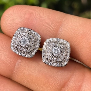 925 Sterling Silver Halo CZ Stud Earrings, Square Cushion Bridal Wedding bridesmaid gift Jewelry