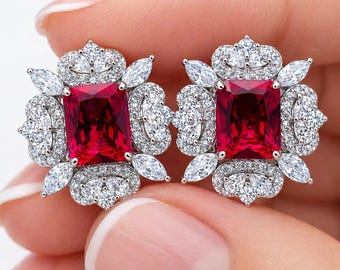Pendientes de botón de circonita cúbica roja rubí talla esmeralda, joyería llamativa de plata de ley 925 con halo